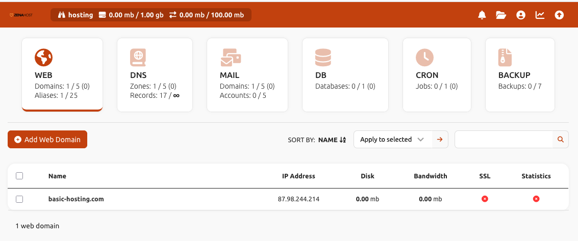 HestiaCP domain management Basic example