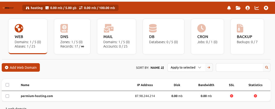 HestiaCP domain management Premium example